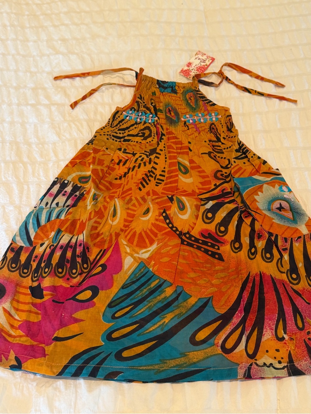 Raj Kids Boho Dress 1-2Y Orange Floral Tie Strap Cotton